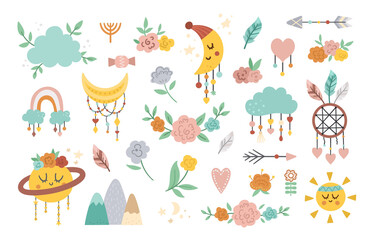 Fototapeta premium Vector boho elements collection. Bohemian half moon, planet, dream catcher, flowers, arrows, cloud isolated on white background. Celestial icons pack with cute characters..