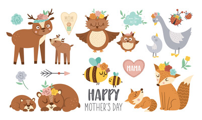 Vector boho baby animals with parents. Funny woodland animal scenes showing family love. Cute Mothers Day design elements collection. Mother and child clipart for card, print, poster. © Lexi Claus