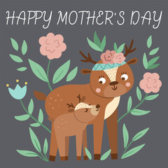 Vector Mothers Day card with cute boho animal. Pre-made design with woodland baby fawn with mother. Bohemian style poster with deer family and flowers on gray background..