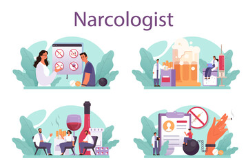 Narcologist concept set. Professional medical specialist. Drug and tobacco