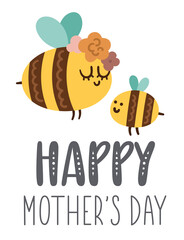 Vector Mothers Day card with cute boho insect. Pre-made design with bumblebee and mother. Bohemian style poster with bee family and flowers on white background..