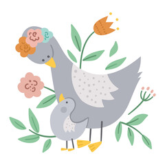 Vector Mothers Day card with cute boho animal. Pre-made design with baby bird and mother. Bohemian style poster with goose family and flowers on white background..