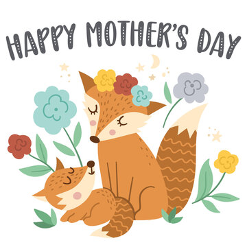 Vector Mothers Day card with cute boho elements. Pre-made design with woodland baby fox with mother. Bohemian style poster with animal family and flowers on white background..