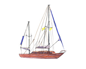 Yacht, watercolor illustration isolated on white background