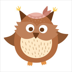 Vector hand drawn baby owl with band on the head. Cute bohemian style little woodland bird icon isolated on white background. Sweet boho forest illustration for card, print, stationery design..