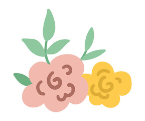 Vector floral horizontal decorative element. Flat illustration with rose flowers, leaves, branches. Beautiful spring or summer bouquet isolated on white background.