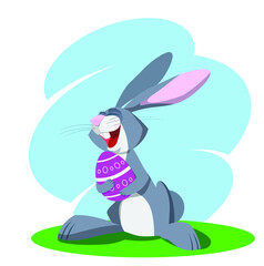 Cheerful Easter bunny with an Easter egg in his hands. Happy Easter. Stock vector illustration