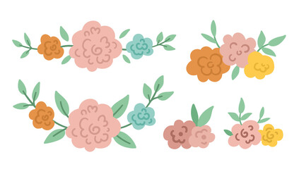 Vector floral horizontal decorative elements set. Collection of flat illustration with rose flowers, leaves, branches. Beautiful spring or summer bouquet isolated on white background.