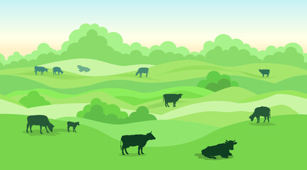 Rural dairy farm landscape with cows over seamless panoramic countryside horizon. Hills, meadows, trees and fields skyline. Summer nature background. Pasture grass for cows. © Terriana
