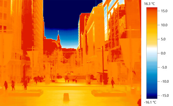 Infrared warmth image thermal imaging of city skylines showing heat island hotspots