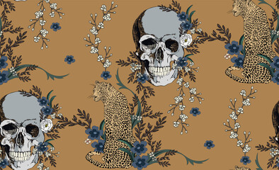 Vector pattern skull, leopard and flowers.
