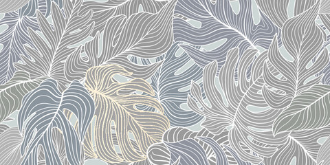 Floral seamless pattern with tropical leaves. Nature lush background. Flourish garden texture with line art tropical palm leaves