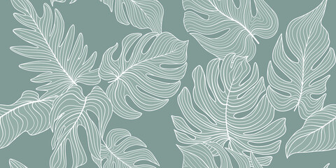 Fototapeta premium Floral seamless pattern with tropical leaves. Nature lush background. Flourish garden texture with line art tropical palm leaves