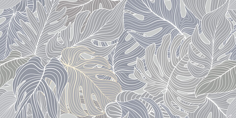 Floral seamless pattern with tropical leaves. Nature lush background. Flourish garden texture with line art tropical palm leaves