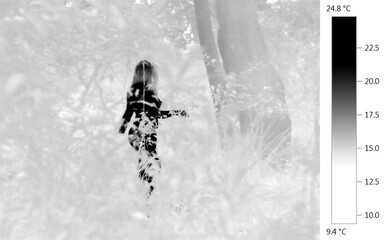 Thermographic image of nude female human form in natural environment, infrared thermography