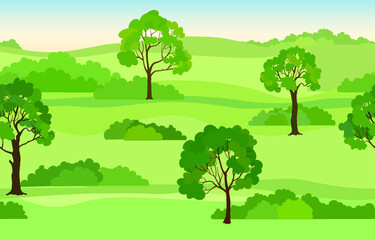 Rural landscape background. Seamless summer nature park skyline view. Garden trees panoramic horizon pattern