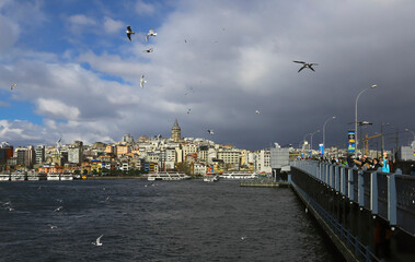 (Istanbul - Turkey 16.February.2021) Galata bridge over the estuary in Istanbul and Galata tower seen across.