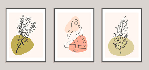 Set with collage modern poster with abstract shapes and one line illustrations of women body