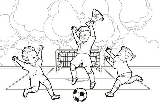 Coloring book soccer sport, teenage boys rejoice holding the championship cup against the backdrop of a soccer field. Vector illustration in cartoon style, black and white line art