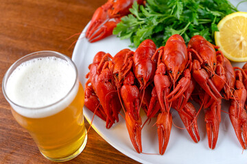 Boiled red crayfish lie on a wooden table, a glass of light beer, fresh herbs and tomatoes.Concept:beer appetizer, delicacy, crayfish meat.
