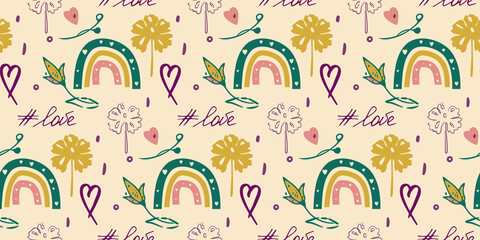 Vector hand drawn doodle seamless pattern, minimalistic boho ink painting style, rainbow, heart, flower images, lettering, dark green, pink color palette