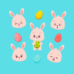 Happy Easter illustration with set of cute cartoon Easter Bunny, eggs