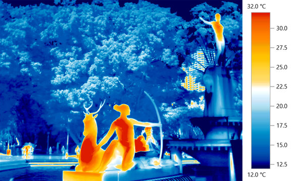Urban heat islands, thermography thermal imaging of statues and park fountain in Sydney city, Australia
