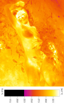 Thermographic thermal heat image of naked nude human forms under climate change, female woman lying down, overhead shot