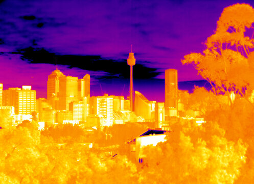 Thermal image of Sydney city skyline, Australia - climate change effects on city heatwaves
