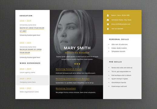 Resume Layout with Big Placeholder Photo and Gold Accent