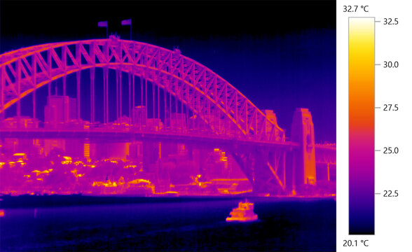 Urban heat island, thermographic thermal imaging of harbor in Sydney, Australia