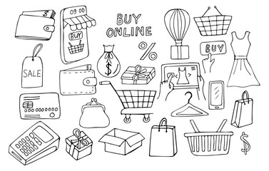 E-commerce doodle icons collection. Online shopping icon collection. Doodle  online shopping icon collections. Hand drawn ecommerce illustration set