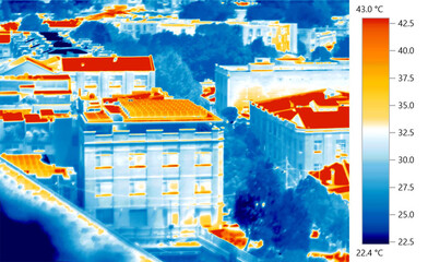 Solar panels on urban rooftop, thermal IR image of renewable photovoltaic technology, Sydney, Australia