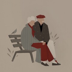 elderly couple in love sitting on a bench. Aging up concept