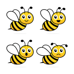 Cute friendly bees set. Cartoon happy flying bees with different emotions. Insect character collection. Vector isolated on white