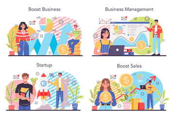 Business boost concept set. Company and personal career success.