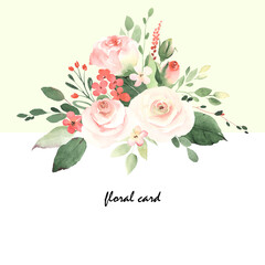 Fototapeta na wymiar Floral card with roses, small abstract flowers, green leaves and branches in vintage style. Holiday template for your text, watercolor illustration on light green and white background.
