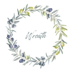 Obraz premium Vegetable wreath. Illustration, background for your design. Watercolor drawing. Olive branches with fruits.