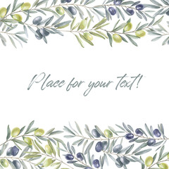 Illustration, background for your design. Watercolor drawing. Olive branches with fruits.