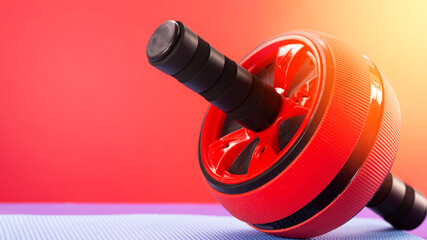 Abdominal roller, abdominal exercises, strength trainer on a mat on a red background, close up