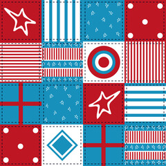 American style patchwork pattern, white stars, red stripes, blue stripes, target