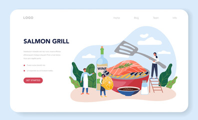 Salmon steak web banner or landing page. Chef cooking grilled fish
