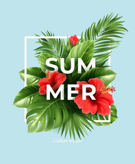 Tropical summer background. Tropical palm leaves, monstera with hibiscus flowers and Summer lettering. Vector illustration © vik_y