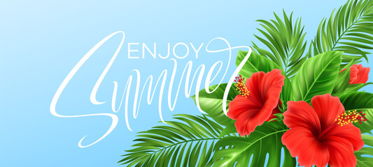 Tropical summer background. Tropical palm leaves, monstera with hibiscus flowers and Summer lettering. Vector illustration © vik_y