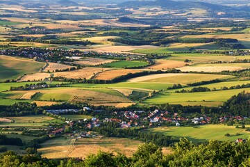 Fototapeta na wymiar View of the village of P. Lhota and Kunovice from the Kelcsky Javornik lookout tower. Hostyn hills. Czechia. Europe. 