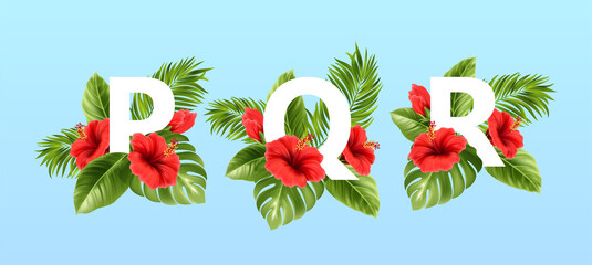 P Q R letters surrounded by summer tropical leaves and red hibiscus flowers. Tropical font for summer decoration. Vector illustration