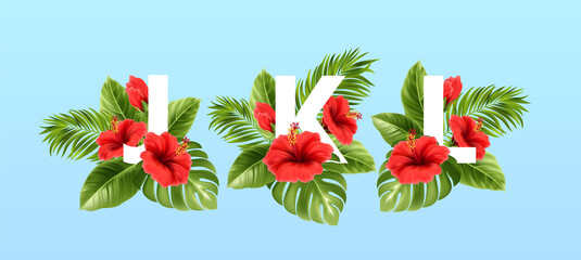 J K L letters surrounded by summer tropical leaves and red hibiscus flowers. Tropical font for summer decoration. Vector illustration