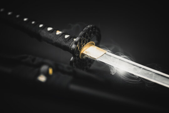 Katana traditional Japanese sword with smoke and light effect