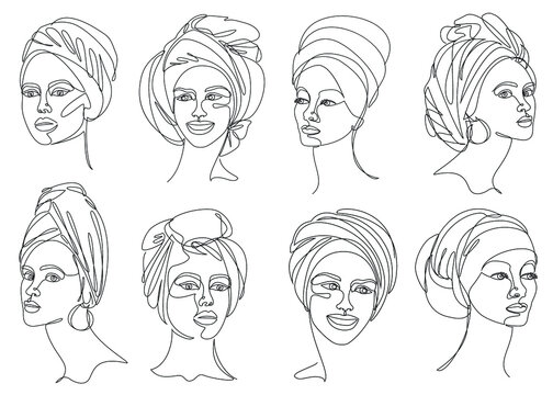Collection. Silhouettes of the girl's head. Lady in a turban, scarf. Woman face in modern one line style. Solid line, contour for decor, posters, stickers, logo. Vector illustration set.