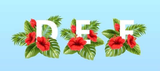 A B C letters surrounded by summer tropical leaves and red hibiscus flowers. Tropical font for summer decoration. Vector illustration © vik_y